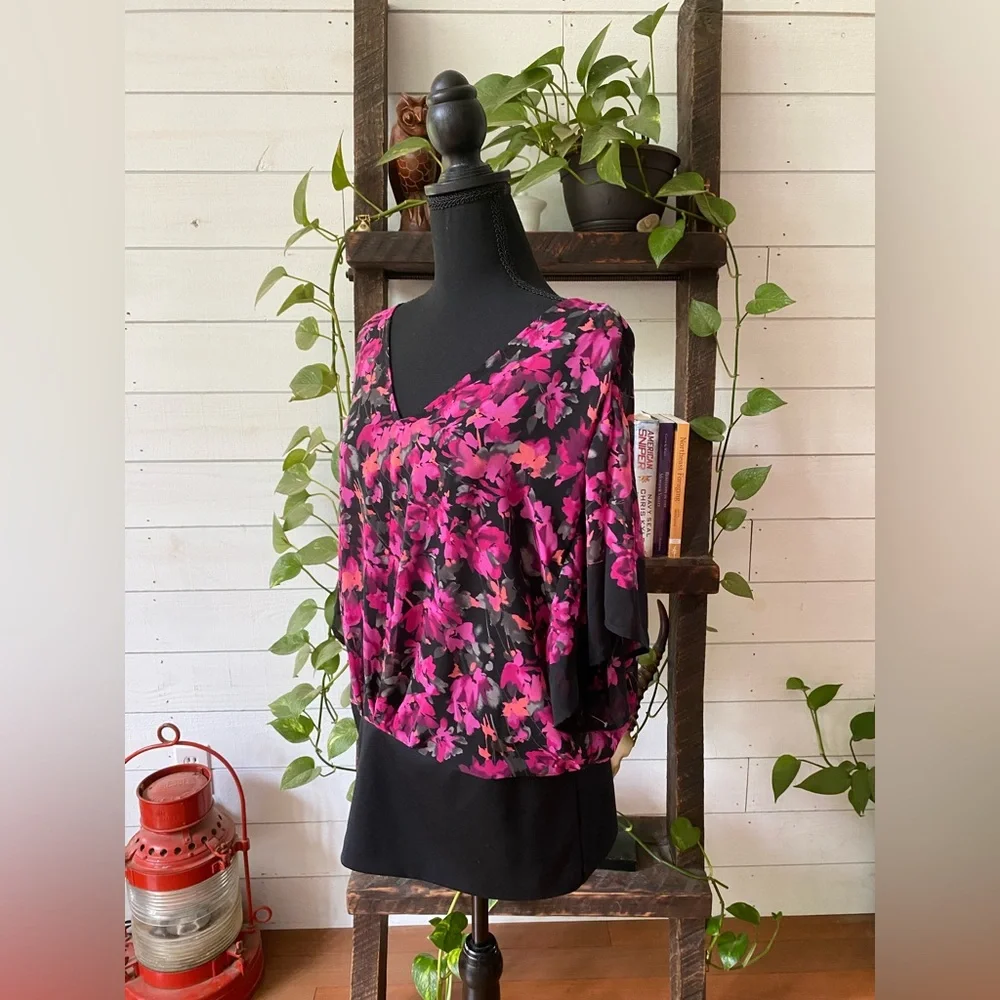 Elle: Pink and Black Floral Blouse with Cami